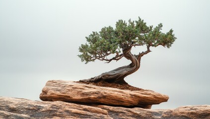 Photo of a bonsai tree growing on top of an isolated rock in the desert, representing strength and resilience. Web banner with copy space on the right side.