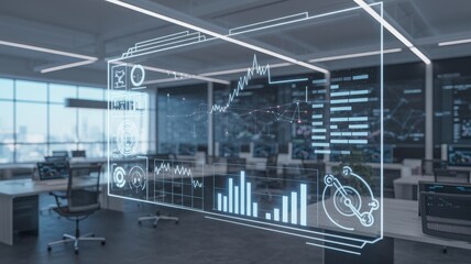 Futuristic holographic data visualization overlaying a modern office space showing financial analytics