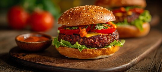 Delicious homemade burger recipe with fresh ingredients for lunch and dinner food photography style