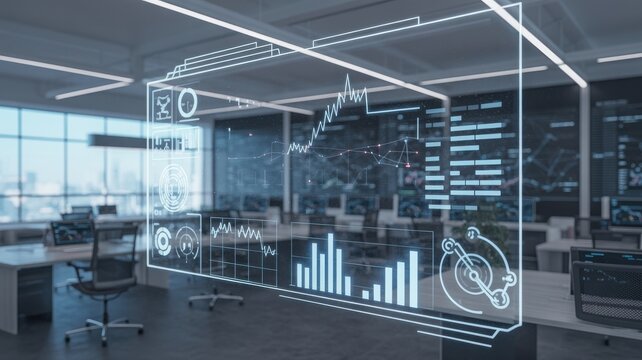 Futuristic holographic data visualization overlaying a modern office space showing financial analytics