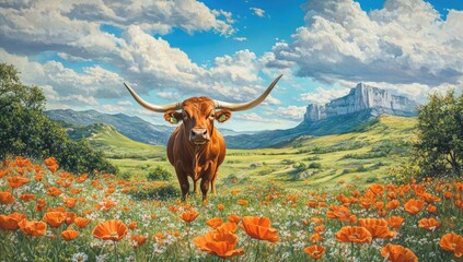The majestic horns of the longhorn in the foreground, set against rolling green hills and blooming wildflowers under a blue sky with white clouds.