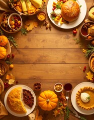 Thanksgiving Dinner Table With Feast of Traditional Autumnal Dishes and Decorations, AI Generated Illustration