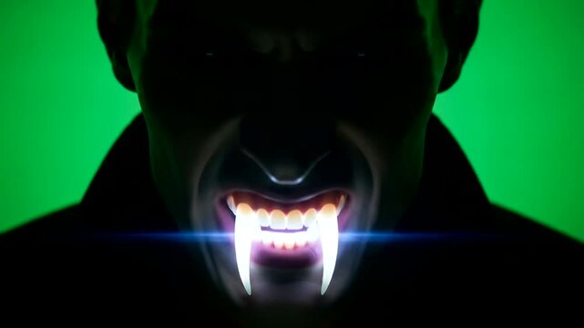 Close-up of a person's face with illuminated fangs and a green background.