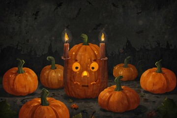 Still life of pumpkins and candles halloween gloomy atmosphere