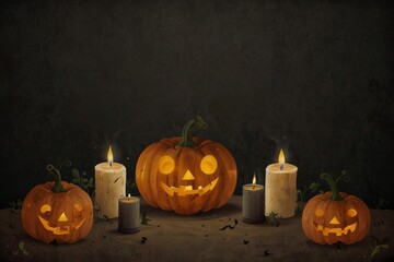 Still life of pumpkins and candles halloween gloomy atmosphere