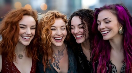 Obraz premium Four young women with vibrant dyed hair in red, ginger, dark brown and purple shades laughing together, showing genuine joy and friendship in casual outdoor setting.