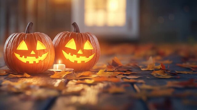 Cozy halloween evening: illuminated pumpkins and autumn leaves by candlelight