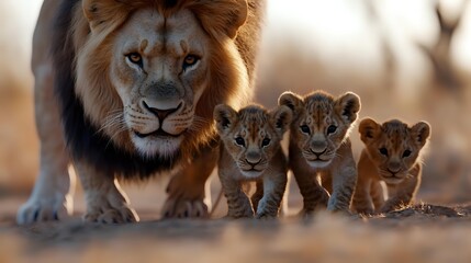 Fototapeta premium Majestic male lion walking with three adorable lion cubs following in line on dusty savanna ground during golden hour, wildlife family portrait in natural habitat.