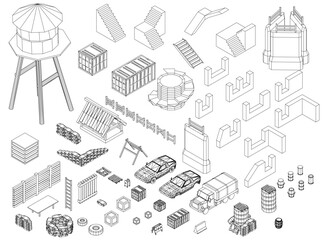 Low poly building pack includes water tower, cars, and various structures on a white background for map assets.