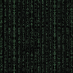 Abstract background of vertical lines with rune like symbols in green