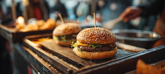 Delicious gourmet burger with sesame bun and fresh ingredients at a food market, food photography style