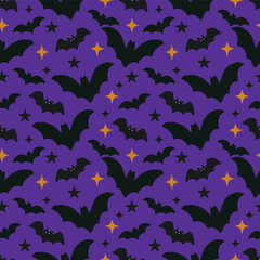 Halloween seamless pattern with bat's silhouettes. Vector hand drawn background for spooky season.