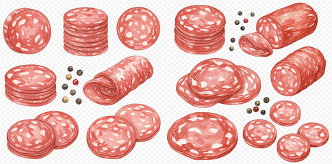 A collection of watercolor illustrations showing various salami and pepperoni slices, logs, and stacks with peppercorns.