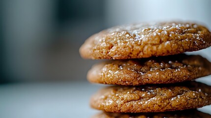 Fresh baked ginger molasses cookies stacked in layers showing soft chewy texture and sugar coating, macro food photography with selective focus.