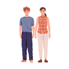 Ordinary couple in casual simple clothing. Man and woman wearing modest untidy apparel, messy look. People in plain unfashionable outfits. Flat vector illustration isolated on white background