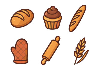 Baking icons set with bread, baguette, cupcake, and kitchen tools. Vector cartoon illustration of bakery elements like rolling pin, oven mitt, and wheat ear. Flat design.
