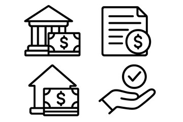 Banking loan financial icons set. Outline style for lending and approval. Vector illustration of mortgage, bank credit, application form and approved successful deal.