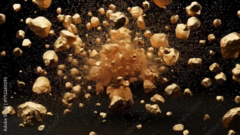 Aufkleber exploding golden geometric forms against black background illustrating abstract concept with small p