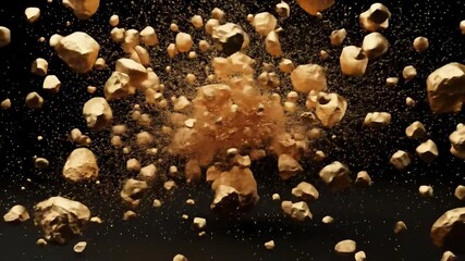 Exploding Golden Geometric Forms Against Black Background Illustrating Abstract Concept with Small Particles - Powered by Adobe