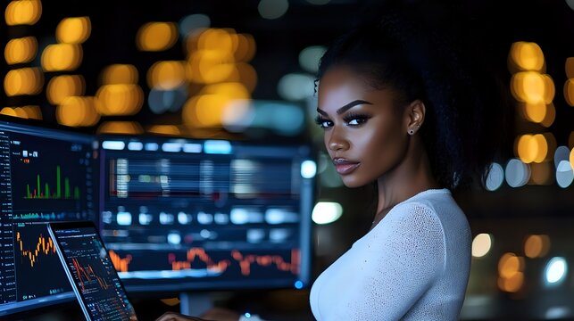 Young African American businesswoman analyzing financial market data on multiple screens in modern office with bokeh city lights background at night.