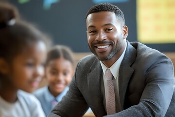 African American male teacher in business attire smiling warmly while interacting with elementary school students in classroom setting, representing education and mentorship.
