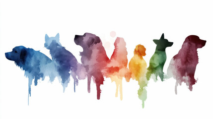 Colorful watercolor silhouette of various dog breeds dripping in rainbow hues. National Veterinary Technician Week