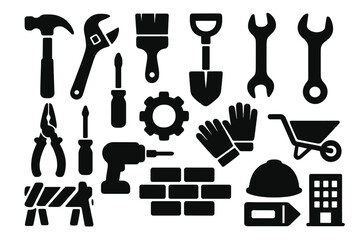 Construction tools icon set in silhouette style. Vector collection of building, repair, and DIY essentials like hammer, wrench, drill, shovel, hard hat, and gear for industrial work.