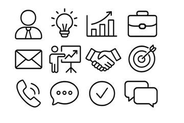 Business icon set, communication line icons collection. Vector symbols for success, growth, idea, presentation, handshake, target, contact, marketing, management, strategy.
