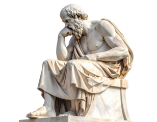 Full Body Marble Statue of Socrates Seated in Thought, Isolated on Transparent Background