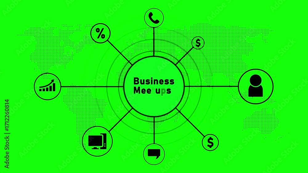 Poster business meetups concept with icons and green world map background networking events professional ga