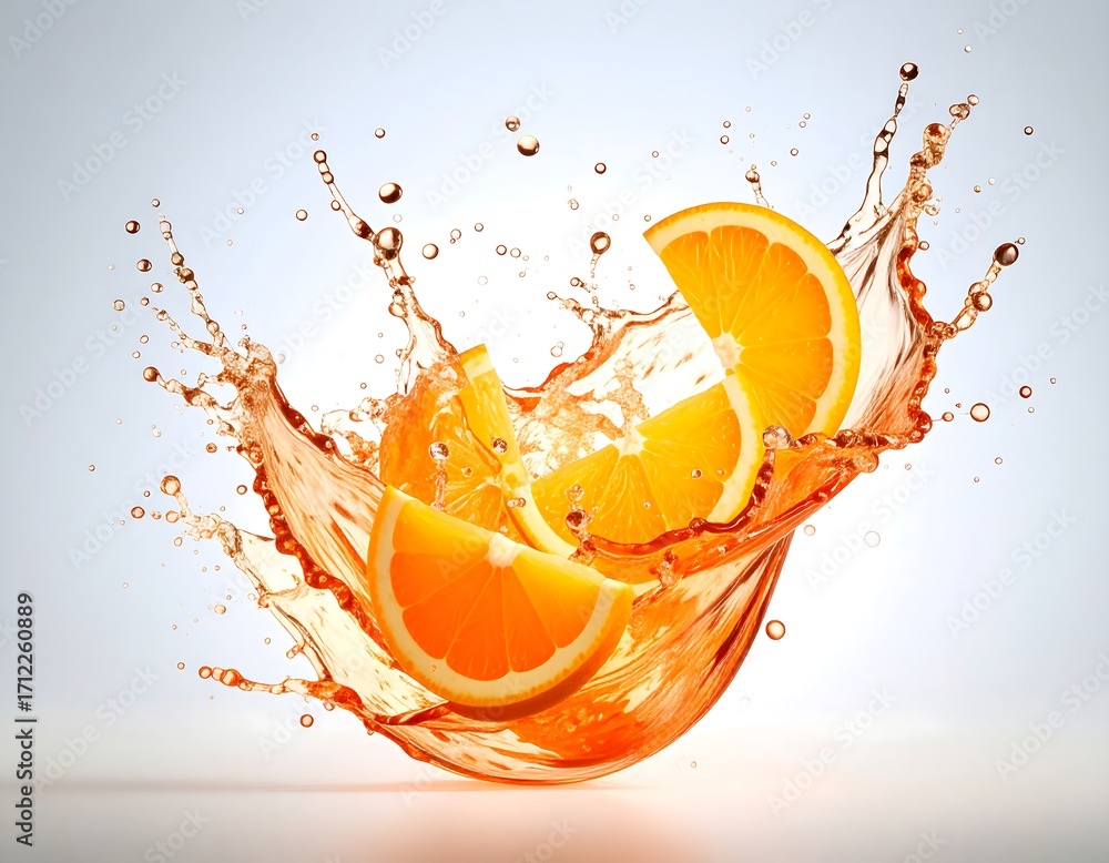 Poster dynamic orange slices splashing in refreshing juice with droplets