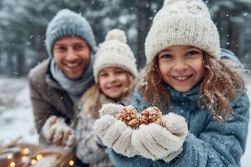 Obraz premium Joyful family feeding bird treats in a picturesque snowy winter landscape.