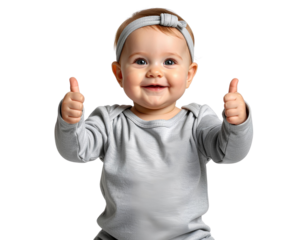 Joyful Baby in Grey Outfit Showing Double Thumbs Up, Transparent Background