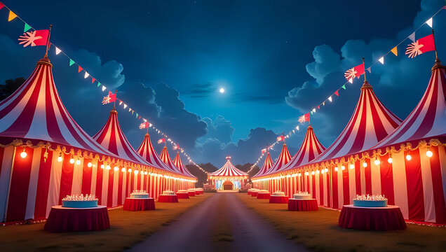 Vibrant summer carnival theme stage of colorful tents, festive decorations, fun games, multiple cakes on tables, energetic atmosphere - birthday party, celebration, event, exciting amusement concept 