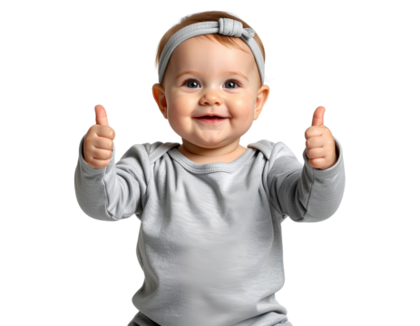 Joyful Baby in Grey Outfit Showing Double Thumbs Up, Transparent Background