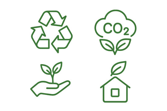 Eco icons set for sustainability and green living. Vector symbols for recycle, CO2 reduction, nature care, and eco friendly home. Environment and ecology concept line art.