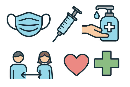 Health and safety icon set with mask, vaccine, sanitizer, and social distancing symbols. Vector cartoon illustration for medical, healthcare, and disease prevention concepts.