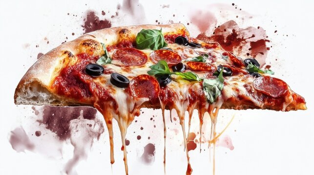 Slice of pepperoni pizza with melting cheese and fresh basil on artistic splatters. National Pizza Month