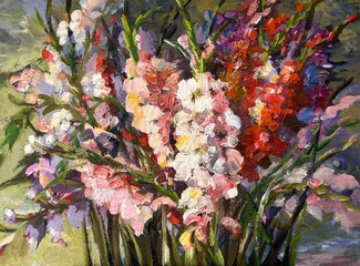 Painting by the author «Big bouquet of colourful irises». Colourful oil painting on canvas. Oil paint texture with brush strokes. Modern art, cover design concept.