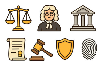 Law icons set with scales, judge, courthouse, legal document, gavel, shield, fingerprint. Vector cartoon symbols of justice, court, crime, and law. For judiciary concepts.