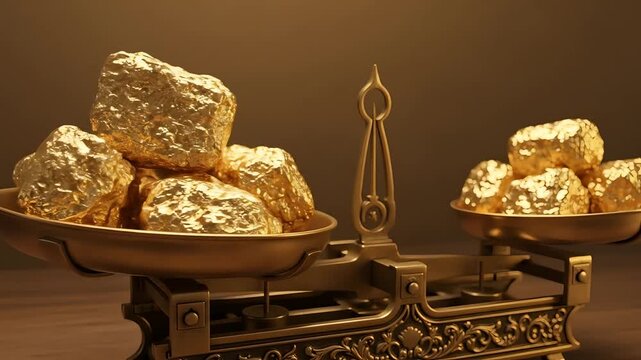 Golden Nuggets on a Vintage Balance Scale Displaying Wealth and Value