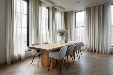 Sleek Nordic dining space featuring a sturdy wooden table, contemporary seating, and expansive floor-length drapes