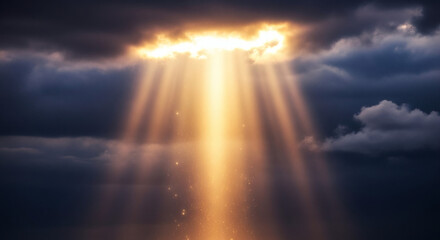 Golden light rays shining through dark clouds in a dramatic sky view