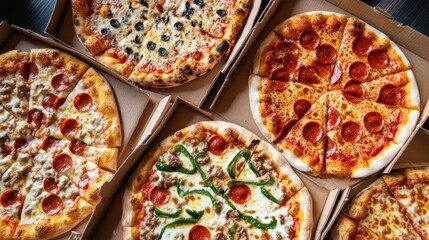 Assortment of delicious pizzas with toppings in cardboard boxes. National Pizza Month