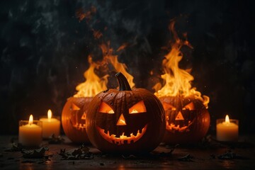 Still life of pumpkins and candles halloween gloomy atmosphere