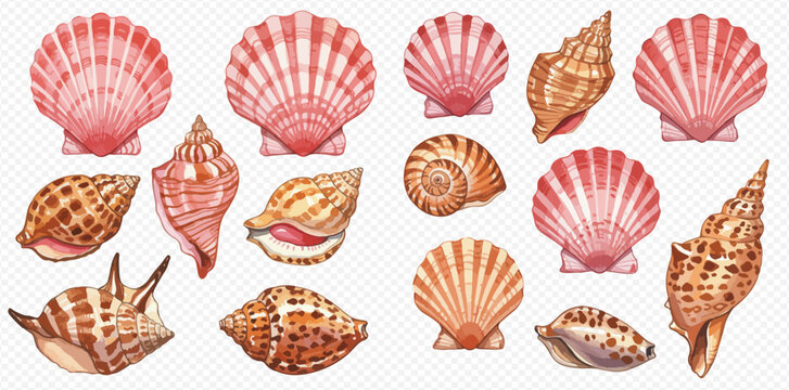 A beautiful collection of various hand-drawn seashells in pink, orange, and brown tones on a transparent background.