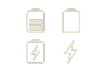 Minimalist battery and energy icon set. Vector outline symbols for charge level, full and empty power status. Simple electric lightning bolt sign for UI UX design elements.
