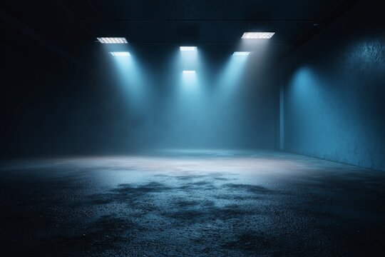 Dark and deserted street with neon lights illuminating a hazy blue background, an empty scene with spotlight and smoke rising