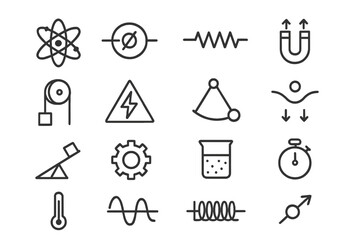 Minimalist physics and engineering icons set with scientific symbols, vector cartoon illustration, transparent background, precise technical symbols, ordered set for design and education