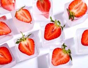 Fresh Sliced Strawberries Frozen Inside Clear Ice Cubes For Summer Refreshment